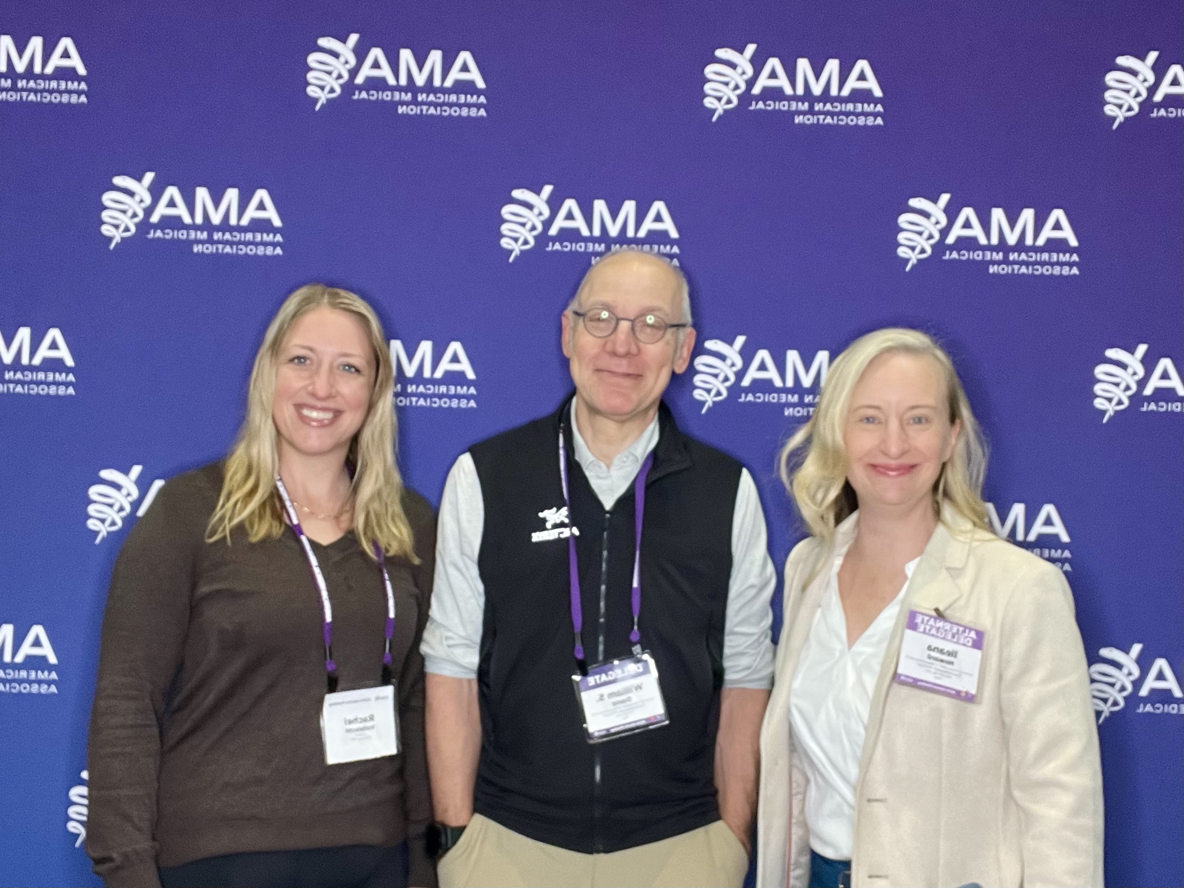 Rachel Volbrecht JD, Bill David, MD, PhD, and Ileana Howard, MD at the AMA HOD